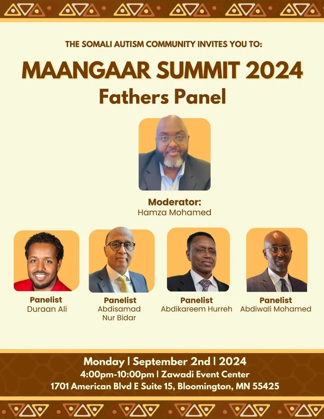 Maangaar Summit 2024 Fathers Panel flyer: moderator Hamza Mohamed with panelists Duraan Ali, Abdisamad Nur Bidar, Abdikareem Hurreh and Abdiwali Mohamed.