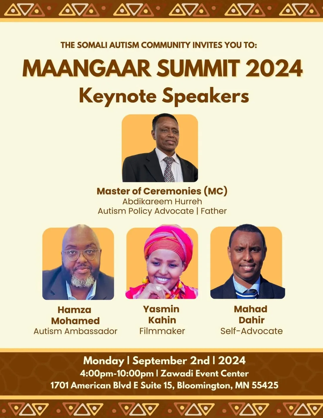 Maangaar Summit 2024 Keynote Speakers flyer: Master of Ceremonies Abdikareem Hurreh, Autism Policy Advocate and father, with Hamza Mohamed, Autism Ambassador; Yasmin Kahin, Filmmaker; and Mahad Dahir, Self-Advocate.