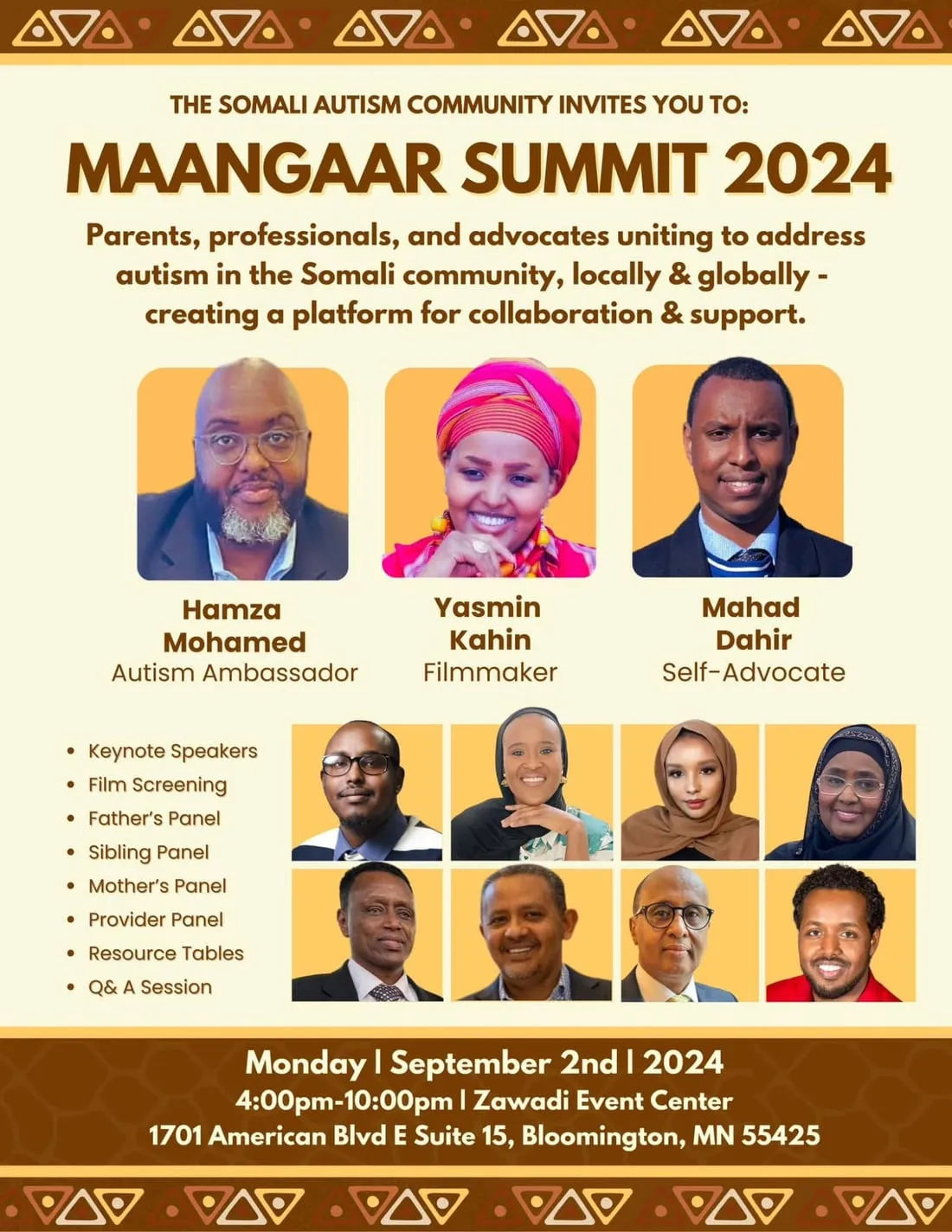 Maangaar Summit 2024 flyer: Hamza Mohamed, Autism Ambassador; Yasmin Kahin, Filmmaker; Mahad Dahir, Self-Advocate; with the program and the date, Monday September 2, 2024, at Zawadi Event Center.