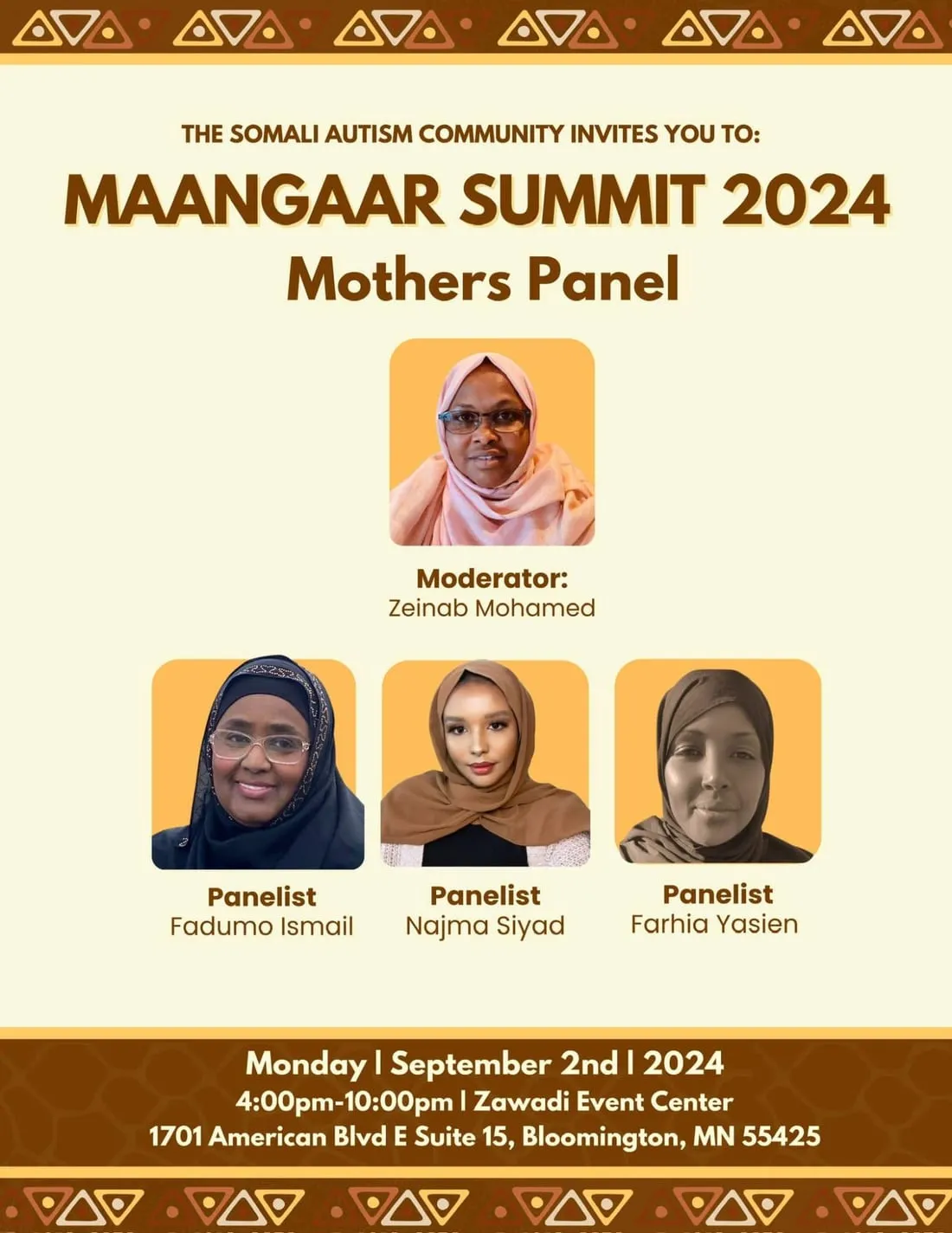 Maangaar Summit 2024 Mothers Panel flyer: moderator Zeinab Mohamed with panelists Fadumo Ismail, Najma Siyad and Farhia Yasien.