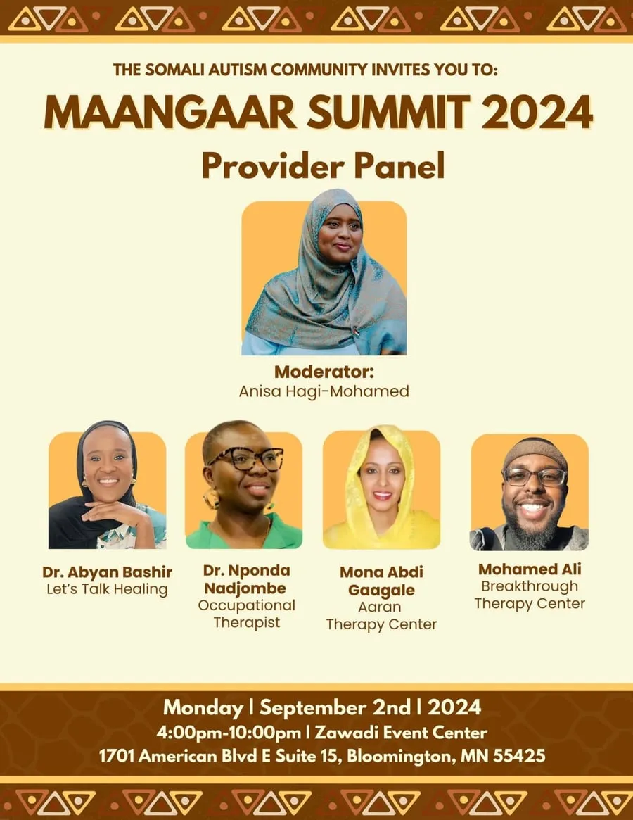 Maangaar Summit 2024 Provider Panel flyer: moderator Anisa Hagi-Mohamed with Dr. Abyan Bashir, Dr. Nponda Nadjombe, Mona Abdi Gaagale and Mohamed Ali.