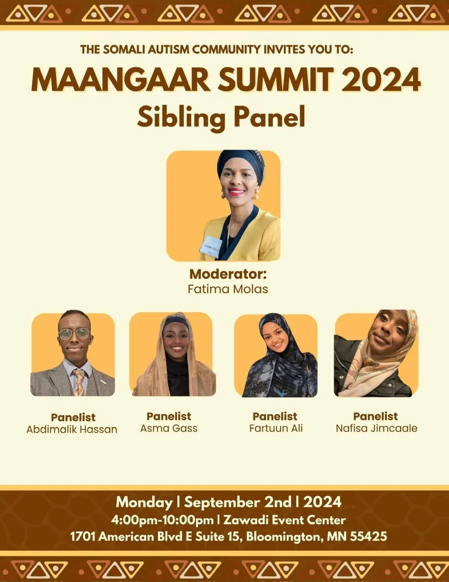 Maangaar Summit 2024 Sibling Panel flyer: moderator Fatima Molas with panelists Abdimalik Hassan, Asma Gass, Fartuun Ali and Nafisa Jimcaale.