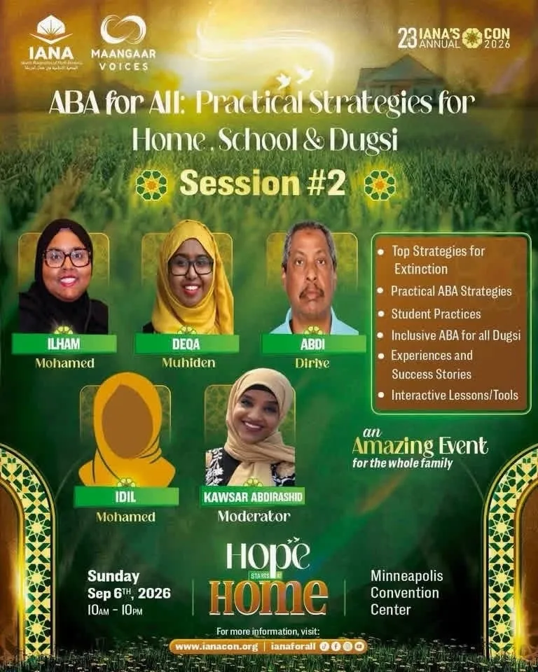IANA Con 2026 flyer: ABA for All, Practical Strategies for Home, School & Dugsi, Session 2, Sunday September 6, 2026, Minneapolis Convention Center.